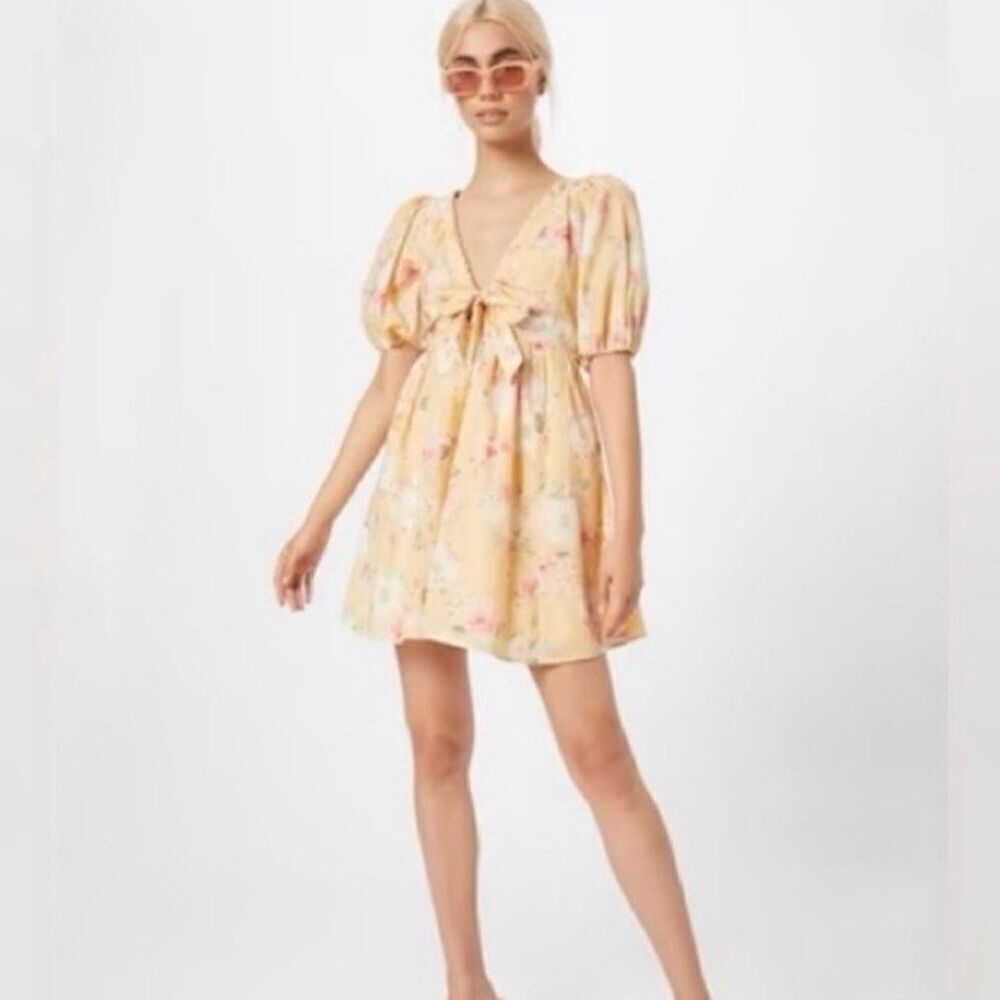Abercrombie & Fitch Yellow Floral Puff Sleeve Tie-Front Mini Dress Baby Doll XS